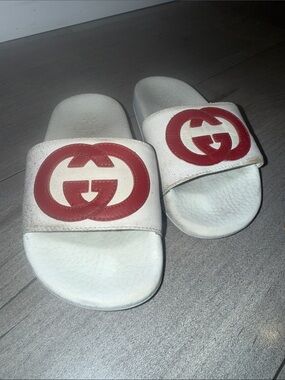 Gucci White Slides with Red Interlocking G